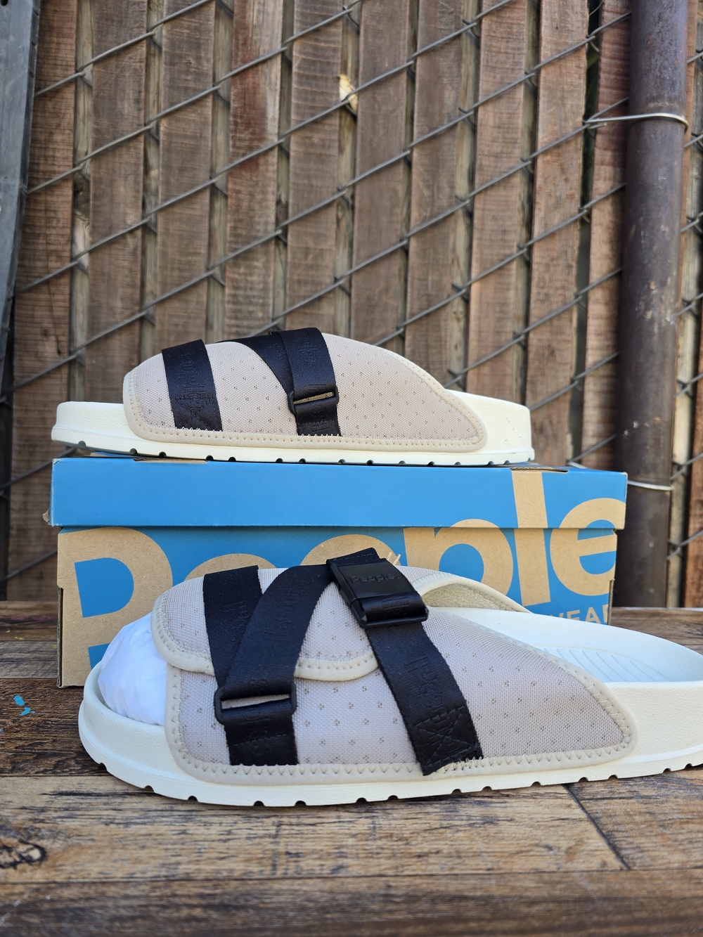 Men's People Footwear Beige Slide Sandals with Black Straps Size 12